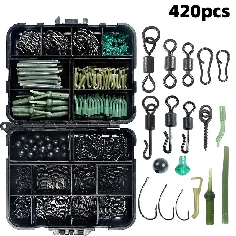 307-420Pcs/Box Carp Fishing Tackle Kit Including Boilie Bait Screw Accessories Swivels Hooks Anti Tangle Sleeves Hook Stop Beads