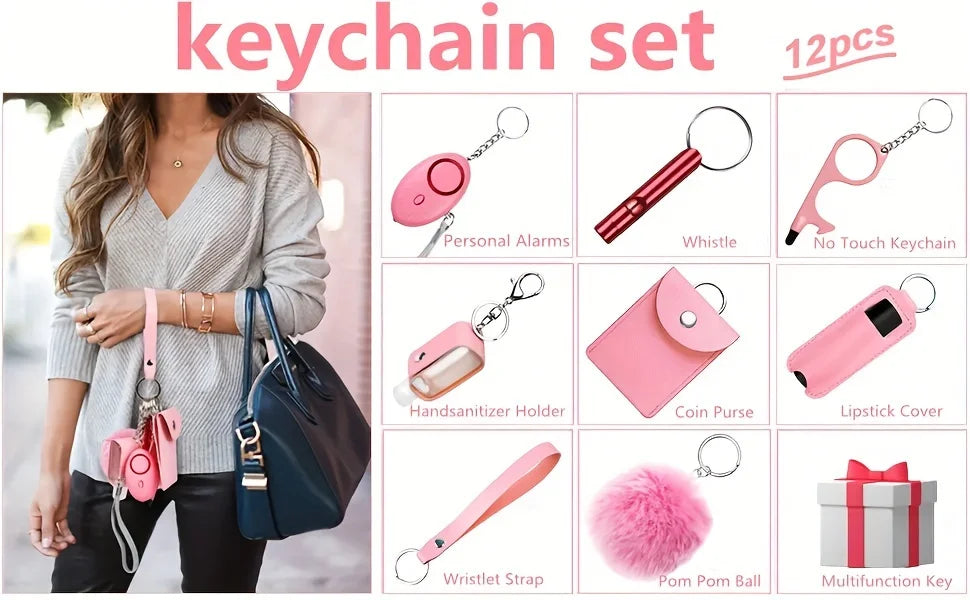 12pcs New Safety Keychain Set For Women With Gift Packaging, Women's Keyrings Set Made Of PU Faux Leather With Personal Alarm