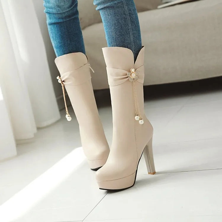 Autumn And Winter New fashion zipper Crystal Flower Thick heel High heel Middle tube Women's Boots high 10cm plus size 35-43