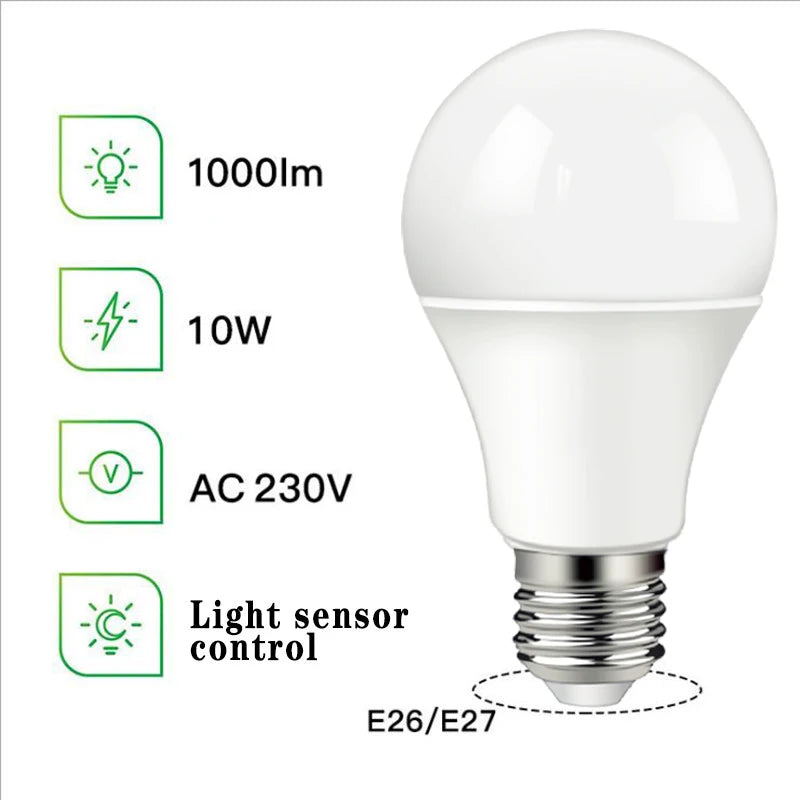 LED Sensor Bulb E27 B22 10W warm white Dusk to Dawn Smart Lamp Bulb AC220V Day Night Light Auto On/Off For Stair Hallway Pathway