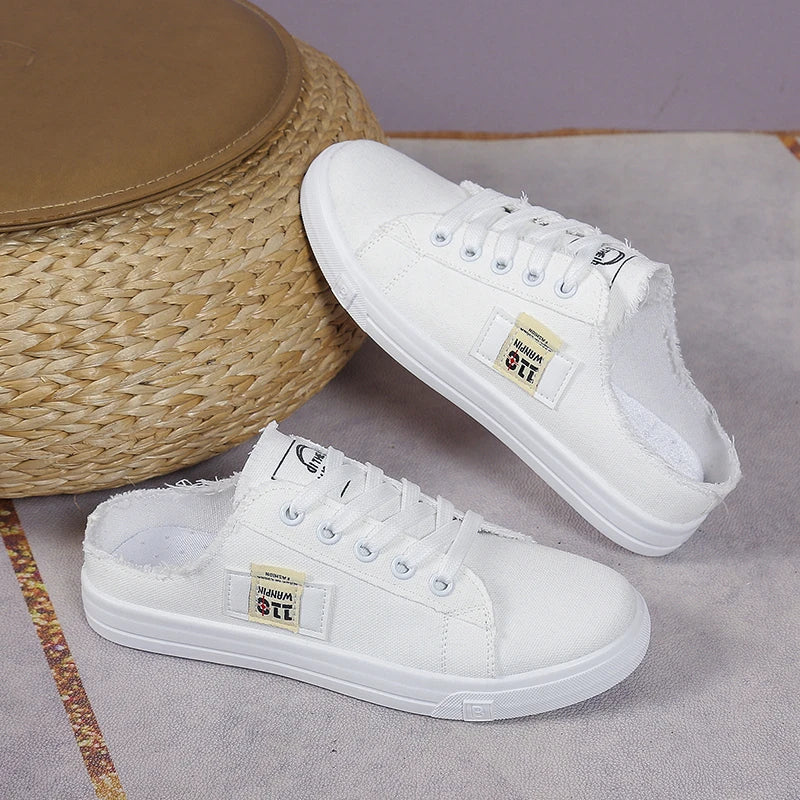 New 2024 Spring Summer Women Canvas Shoes Flat Sneakers Women Casual Shoes Low Upper Lace Up White Shoes Large Size 43