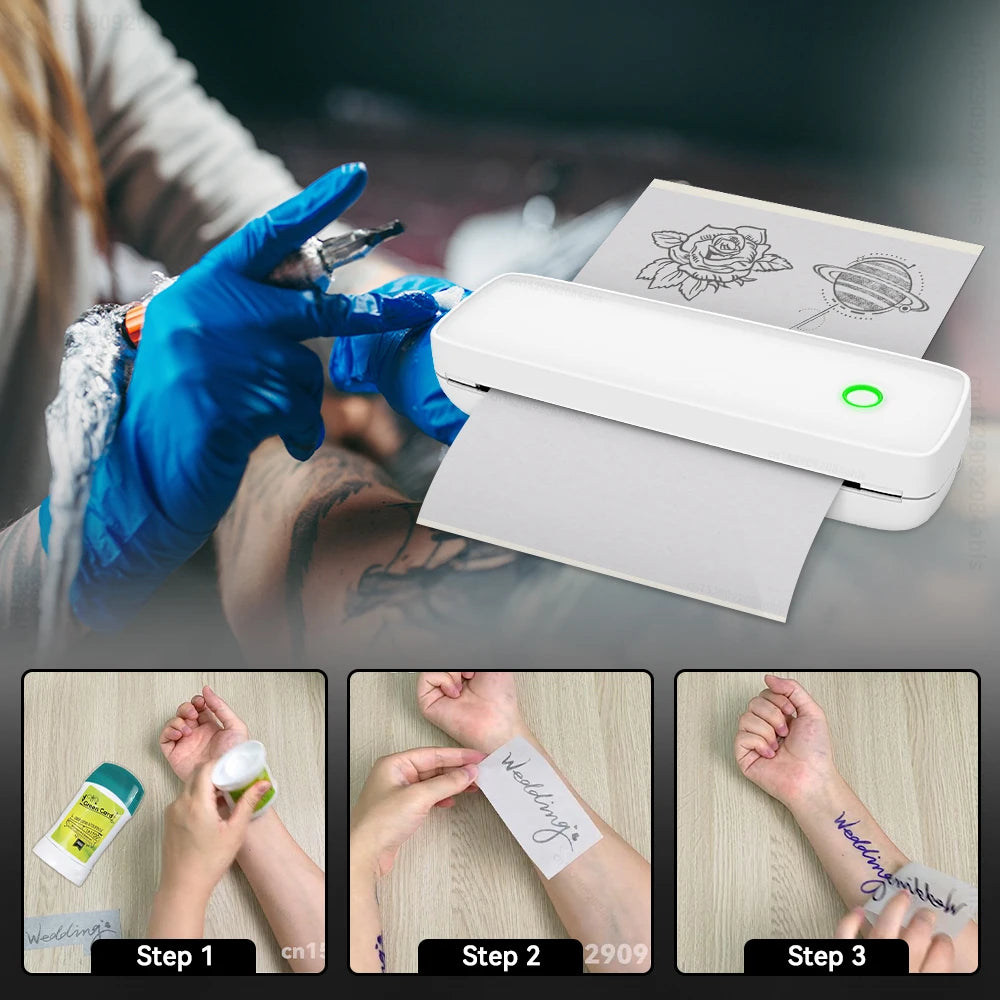 Inkless Tattoo Printer Portable A4 Thermal Printer Bluetooth Wireless Tattoo Stencil Printer with Tattoo Transfer Paper A4 Paper