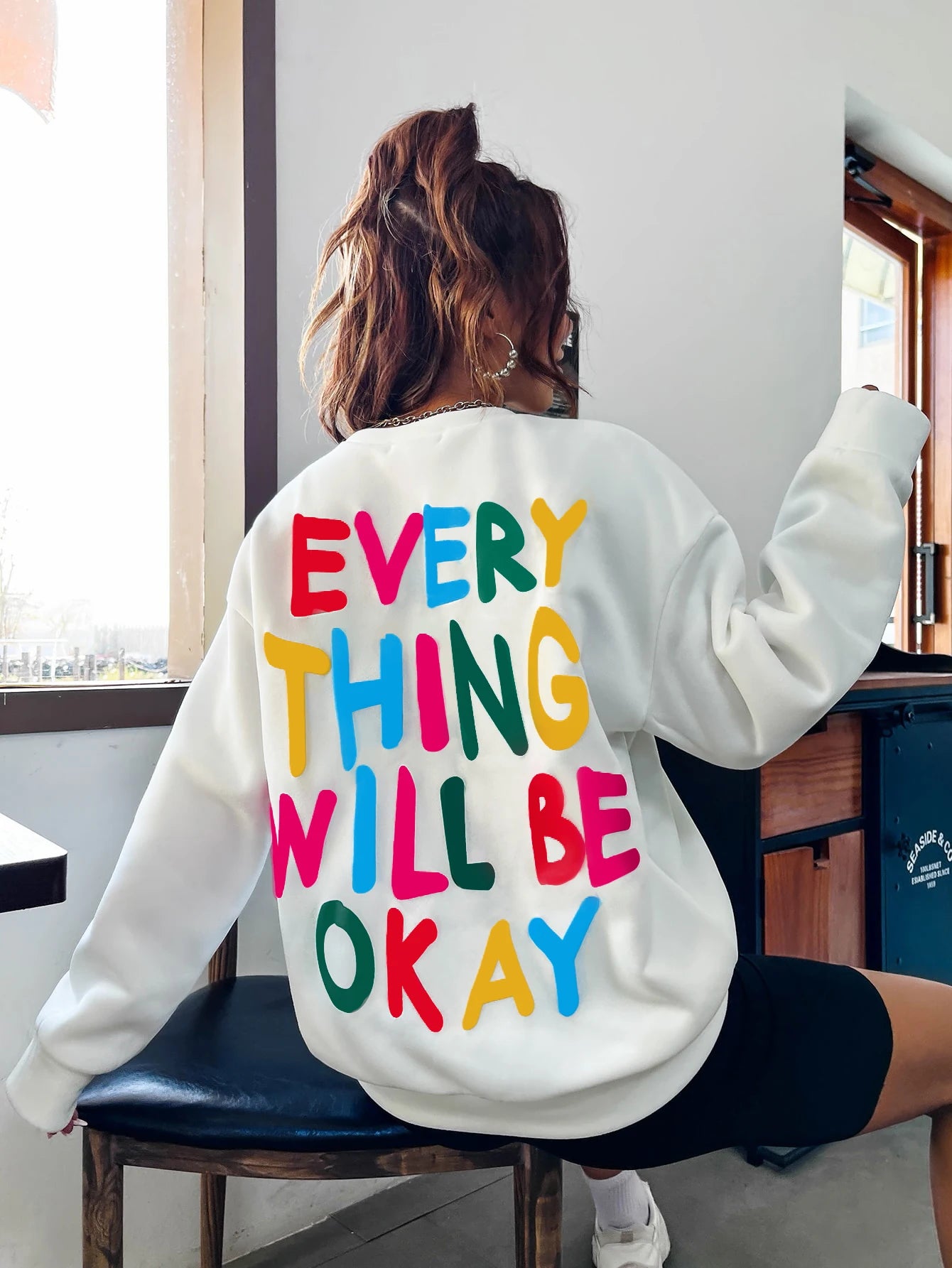 Fashion Womans Sweatshirt Everything Will Be Okay Letter Printed Pullover Loose Warm Crewneck Hoodies Casual Female Clothing