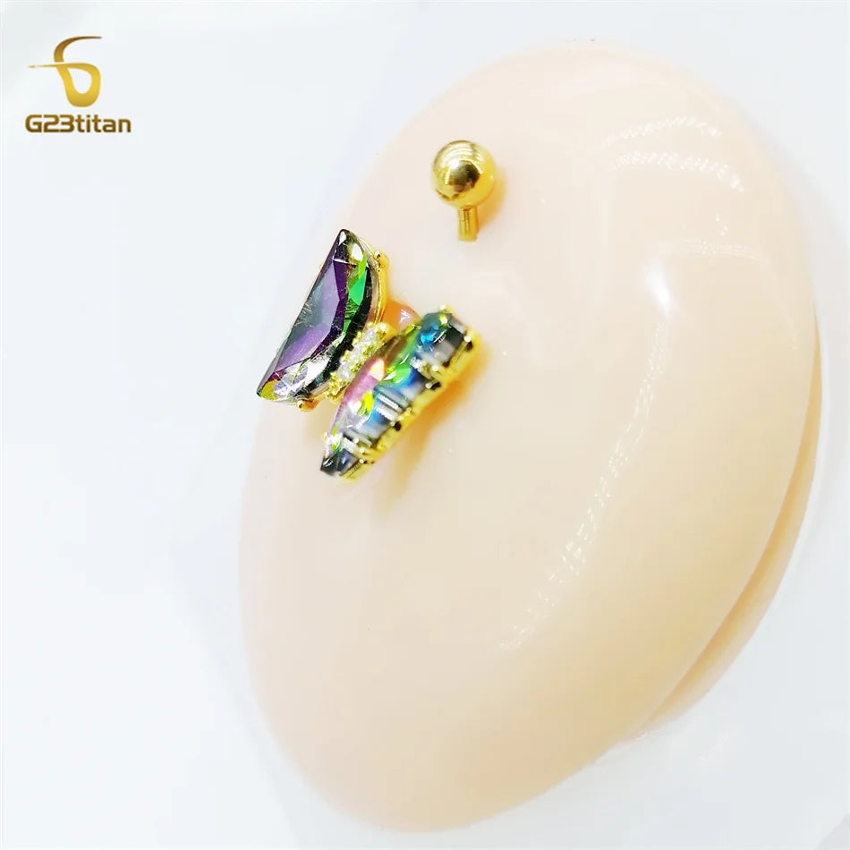 G23titan Colorful Zircon Butterfly Belly Button Ring Hypoallergenic Surgical Steel or Titanium Navel Barbell Umbilical Piercing