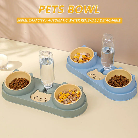 Pet Feeder Cat Bowl Automatic Drinking Water Feeding Anti-Tip Dog Food Bowl Drinker Double Bowl Separate Pet Cat Attachment