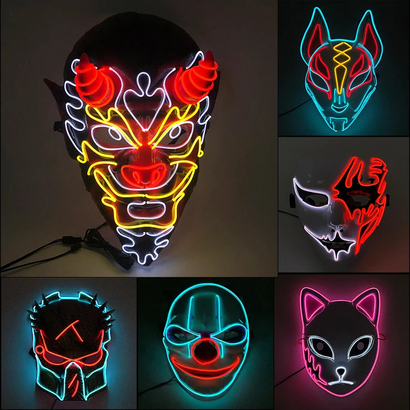 Cosplay Halloween Party Mask Luminous Light up Led Mask EL Neon Glowing Anime Mask Masque Masquerade Masks Horror Carnival Mask