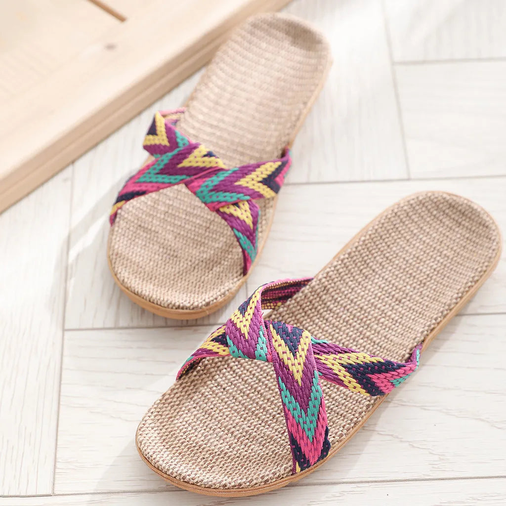 Linen Slippers Women Summer Home Floor Anti-slip Slides Couple Handmade Comfortable Slippers Men Casual Style Sweat-absorbent