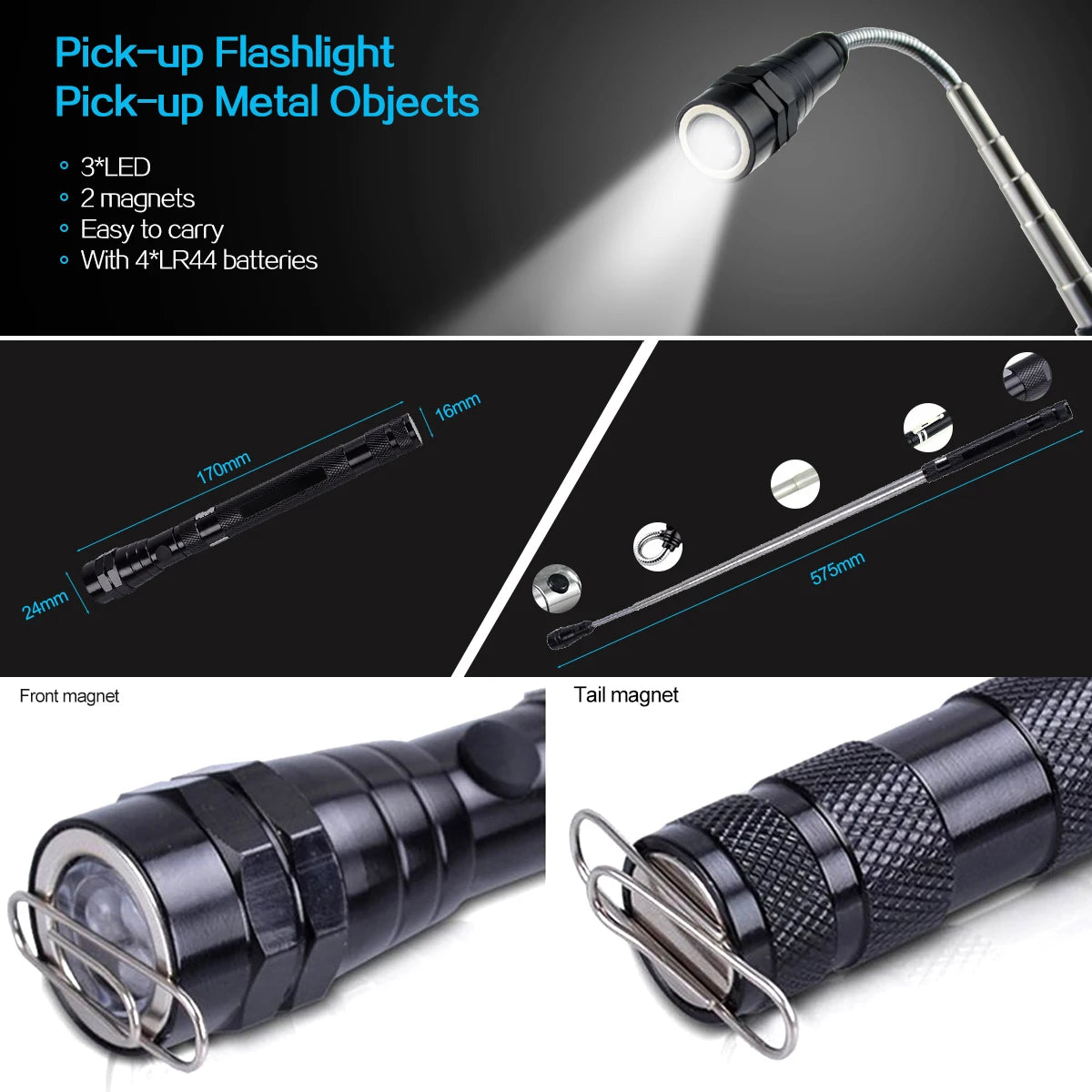 Magnet 3xLED Magnetic Pickup tool, Telescoping Flexible Extensible Led Flashlights,Perfect mechanical pick-up tools gifts