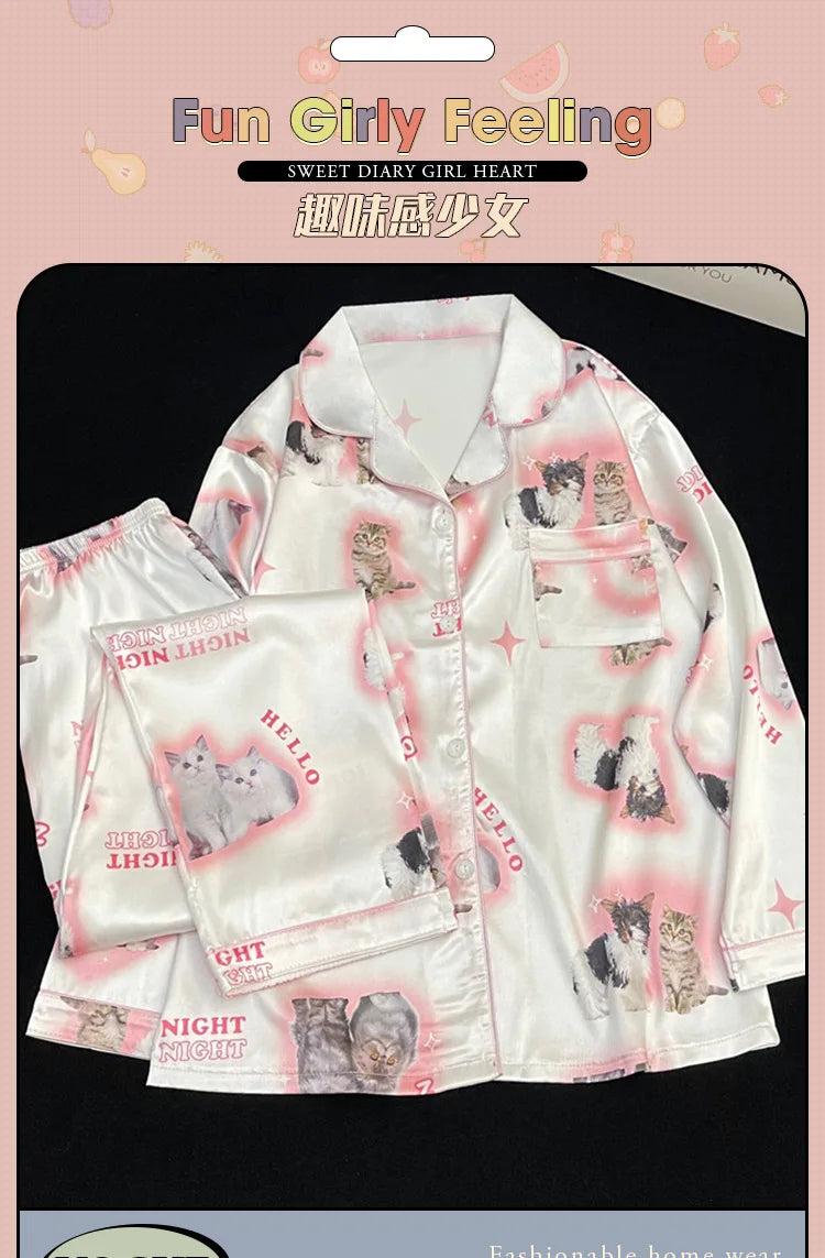 Kawaii youth girl's pjs satin homewear long short fashion pyjama Cute Cat Print Summer New Thin Pajamas for Women Silk Home Set