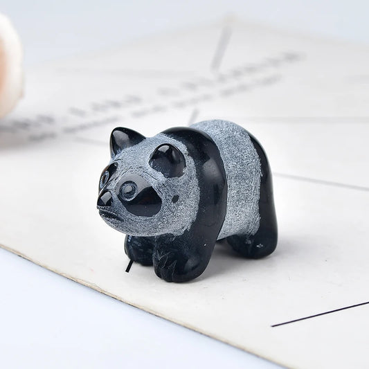 Natural Crystal Obsidian China Bear Panda Figurine Animals Stone Reiki Crafts Small Decoration Home Decor Present Souvenir