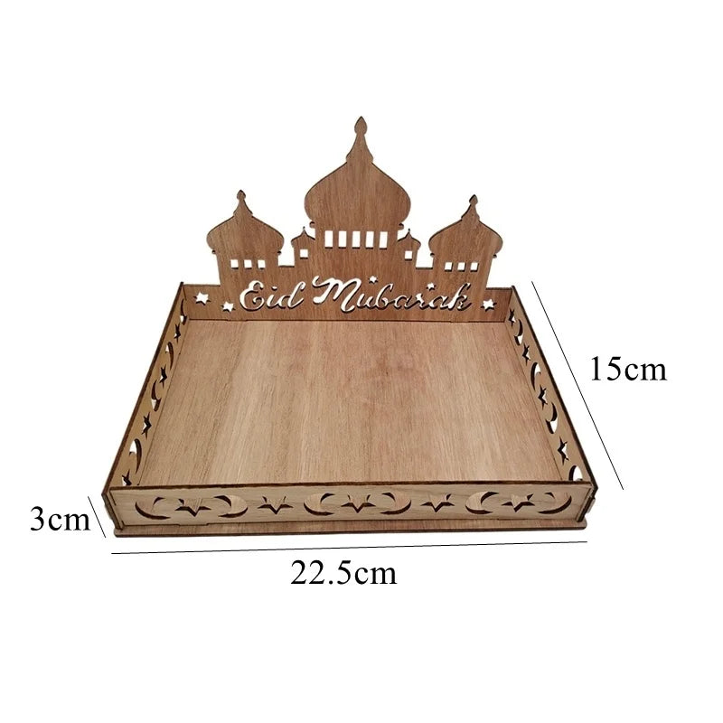 Eid Mubarak Wooden Tray Hollowed Moon Temple Food Holders for Ramadan Kareem Islamic Party Food Holder Al-Fitr Table Decorations