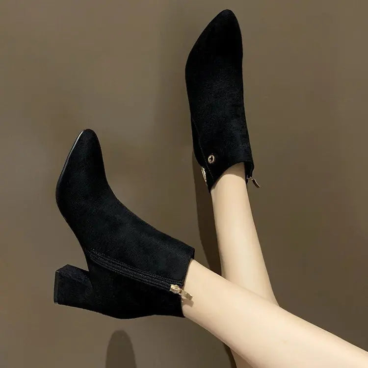 Women Ankle Boots Black Leather Fashion Ankle Boots Women Mid-heel Pointed Ladies Booties High Heel Short Wedding Boots