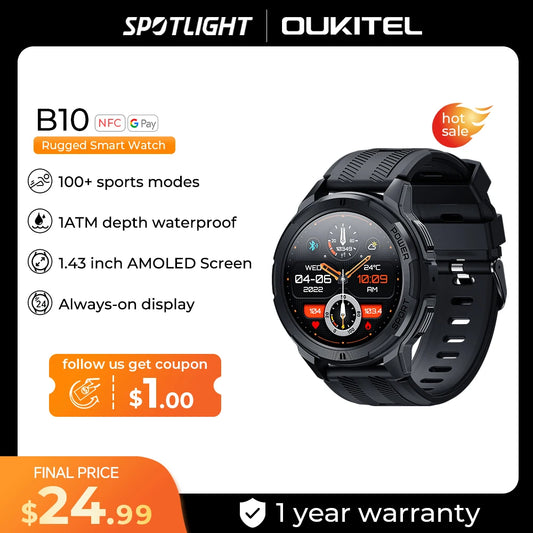 Oukitel BT10 SmartWatch Sport  2024 Smart Watch For Men 410mAh 1.43 Inch BT5.2  Men's Smartwatch