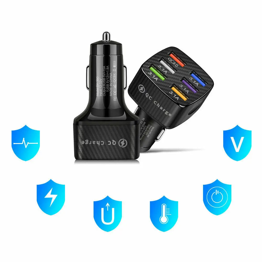 6 Port 15A Output Current PC Fire Retardant Material USB Car Charger Adapter QC3.0 Fast Charge Port Charging Car Accessories