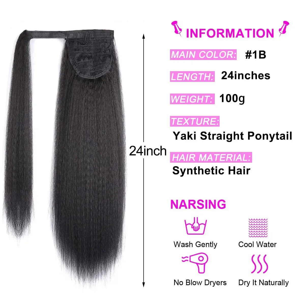 Synthetic Long Kinky Straight Ponytail Extension for Black Women Yaki Wrap Arpund Hair 24 Inch Clip in Magic Paste Black Tail