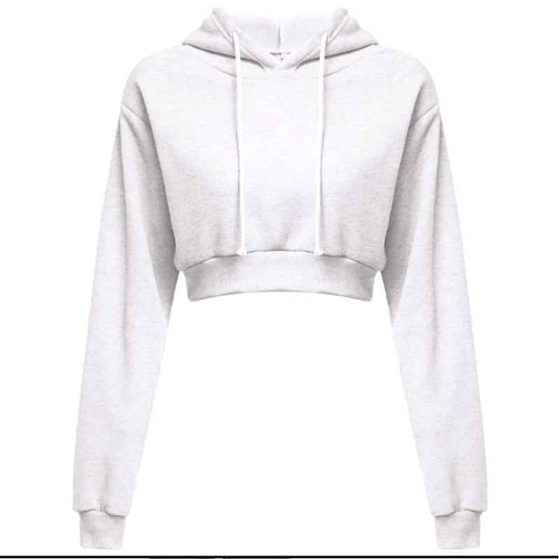 Sporty pullover Long sleeve casual open navel solid hooded Sweatshirt short top Hoodie sweater