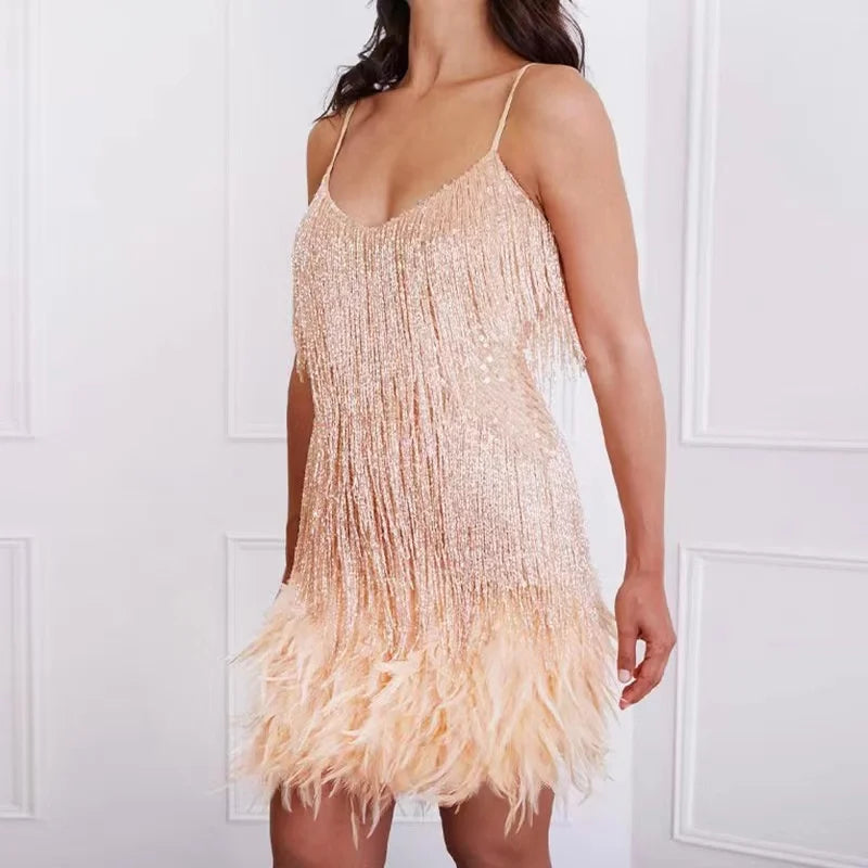 Sexy Tassel Sequins Feather Mini Dress Women Spaghetti Strap Stitching Dresses Female Elegant Evening Party Club Dress