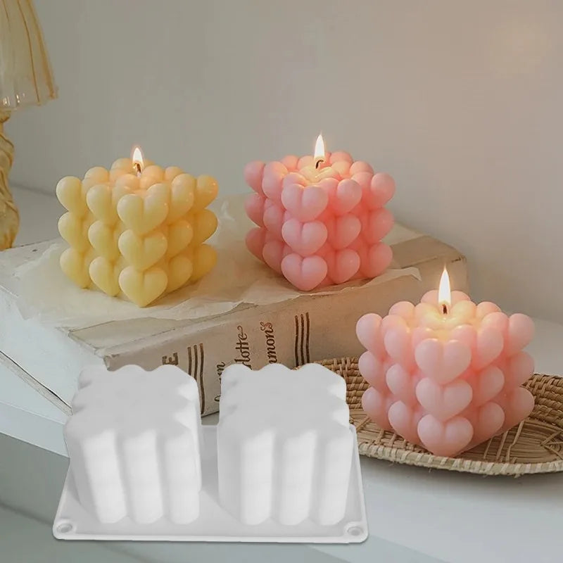 Diy Cube Love Heart Candle Silicone Mold 3D Heart-shaped Making Materials Handmade Soap Craft Plaster Resin Cake Baking Tools