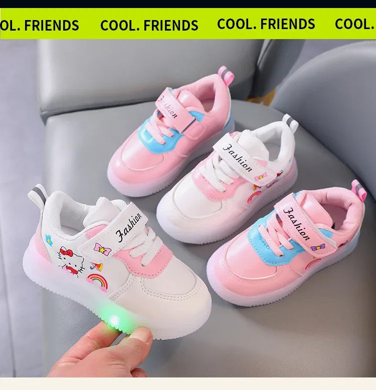 Sanrio LED Kids Shoes for Girls Cute Cartoon Hello Kitty Shoes Summer Girl Kawaii Shoes Soft Bottom Sneakers Casual Shoes