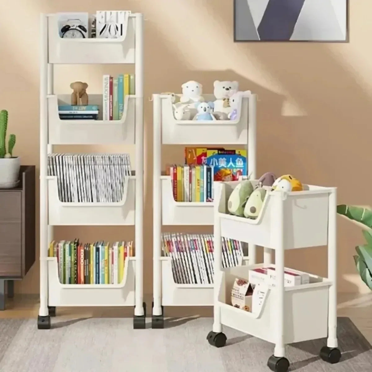 Multi-Layer Movable Trolley with Wheels Bookshelf Portable Corner Storage Rack Kitchen Storage Cabinet Home Organizer Shelves