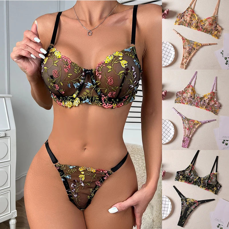 2Piece Women Sexy Lace Bra Set Embroidery Floral Underwear Lingerie Mesh Transparent Panty Breathable Fashion See Through Sets