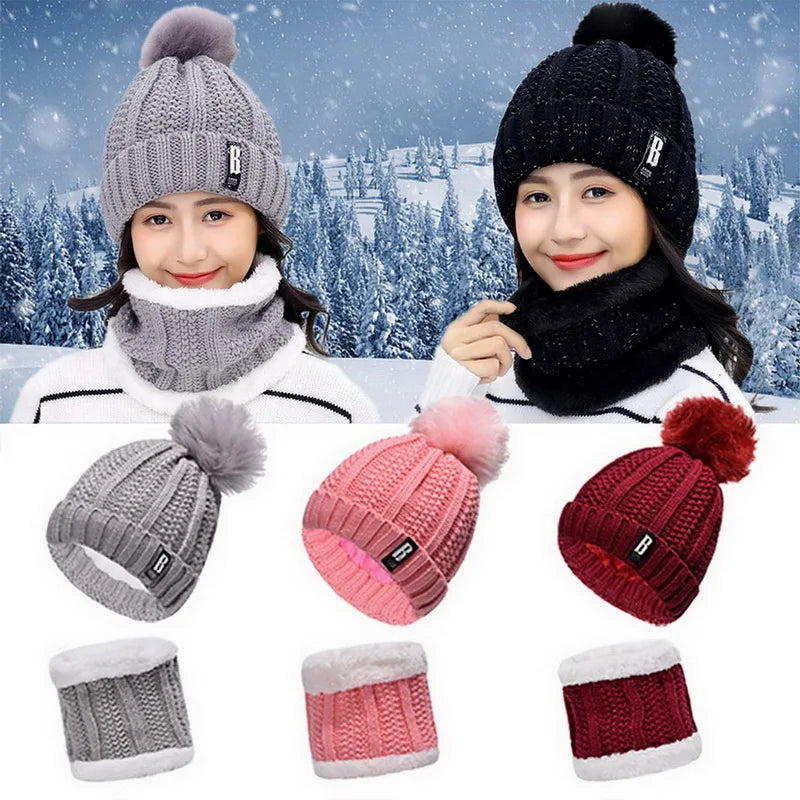 Winter Knitted Scarf Hat Set Thick Warm Skullies Beanies Hats for Women Outdoor Cycling Riding Ski Bonnet Caps Tube Scarf Rings