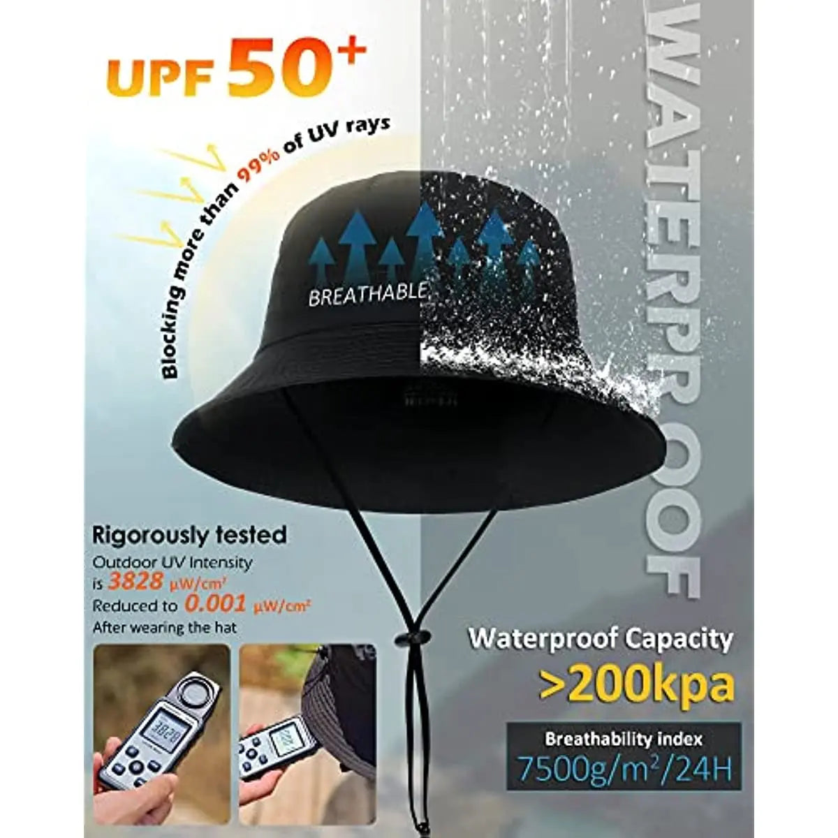 Waterproof Bucket Hat for Women Men Rain Hat UPF 50+ Wide Brim Boonie Sun Hat Foldable Summer Floppy Beach Fishing Safari Hat