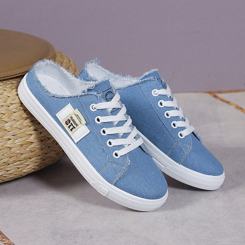 New 2024 Spring Summer Women Canvas Shoes Flat Sneakers Women Casual Shoes Low Upper Lace Up White Shoes Large Size 43