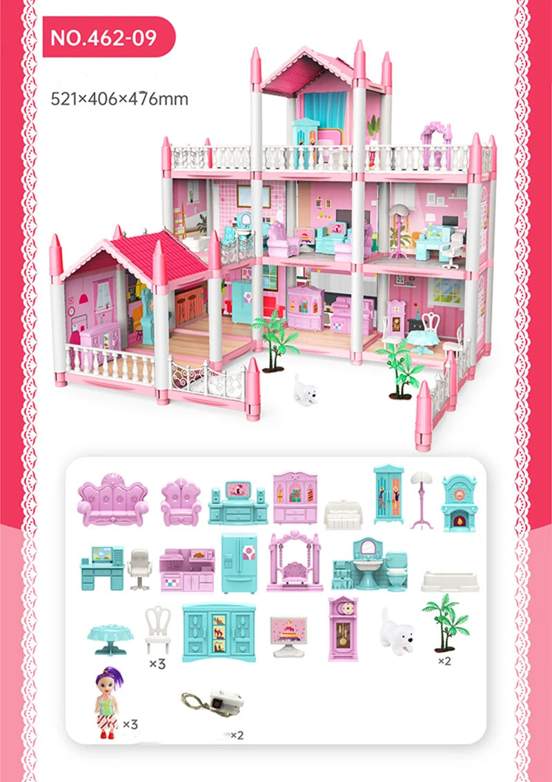 3D DIY Dream Princess Castle Villa Assembly Doll House Set Toy Girl Family Toy Children's Music Doll House Assembly Villa House