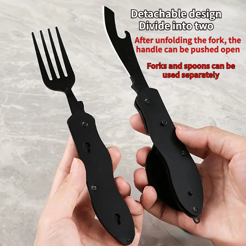 Outdoor Camping Utensils Portable Stainless Steel Foldable Spoon Fork Knife Bottle Opener Combo Set Cutlery Tableware Multitool