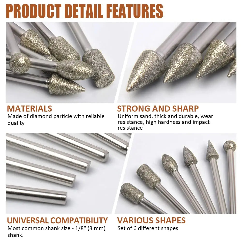 20 Pcs Diamond Drill Grinding Bit Set with 1/8-inch Shank Stone Carving Rotary Tools for Polishing Tile Ceramics Marble Granite