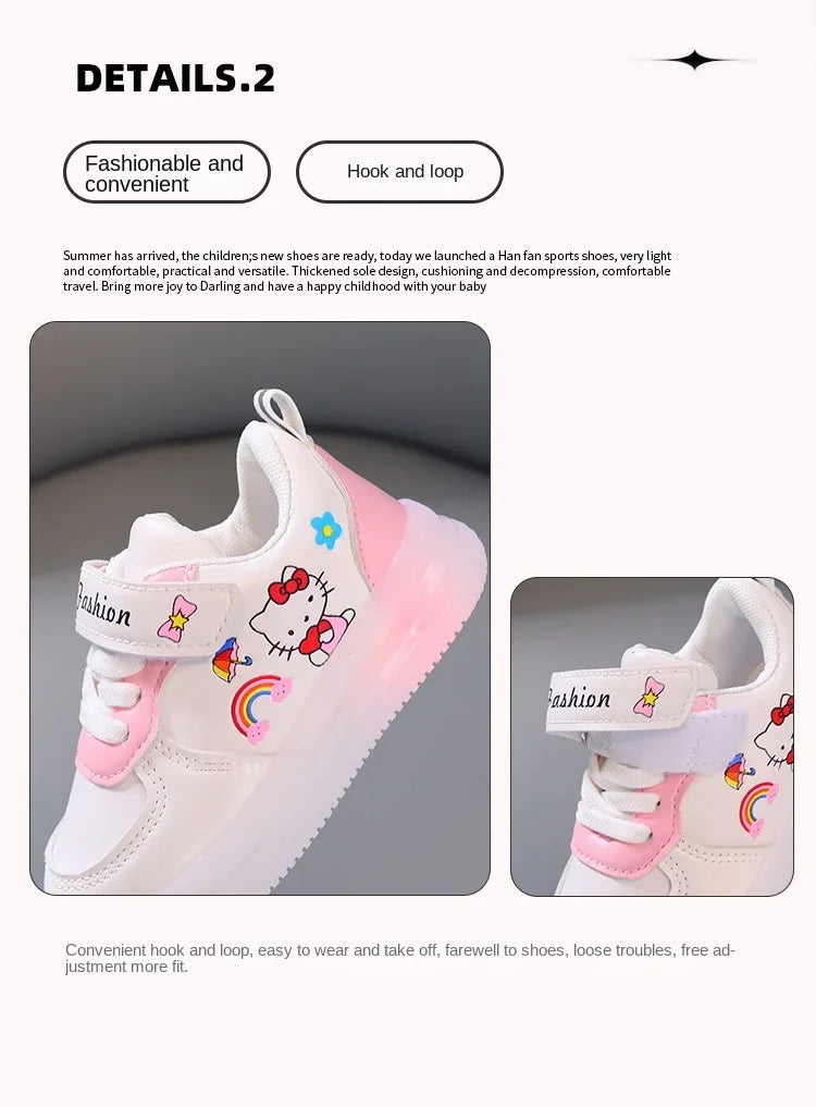 Sanrio LED Kids Shoes for Girls Cute Cartoon Hello Kitty Shoes Summer Girl Kawaii Shoes Soft Bottom Sneakers Casual Shoes