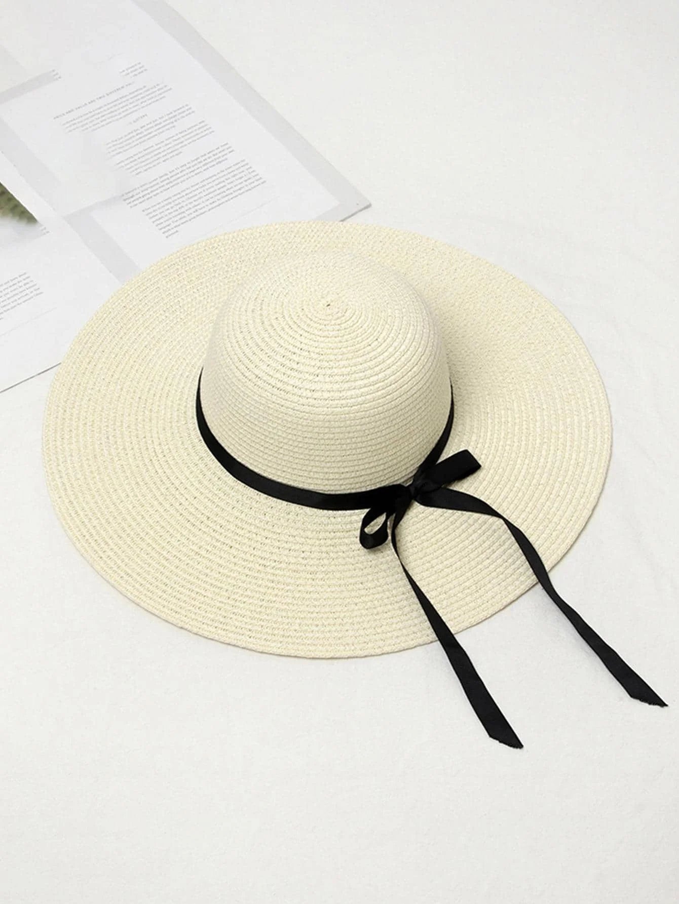 1pc Women Solid Bow Decor Wide Brim Sun Protection Straw Hat For Beach