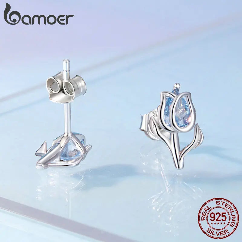 Bamoer 925 Sterling Silver Blue Exquisite Spinel Tulip Earrings Flower Stud Earrings for Women Party Fine Jewelry