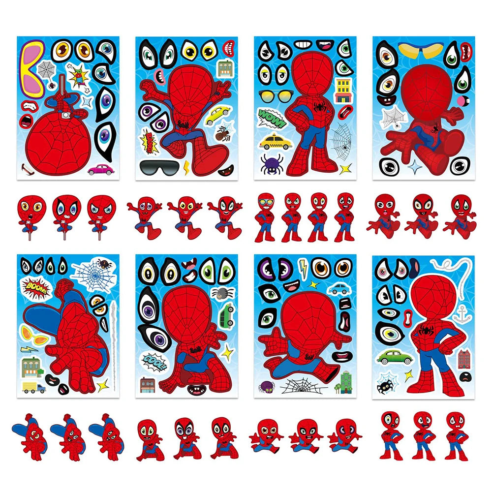 8/16Sheets Spider Man Puzzle Stickers For Boys Make-a-Face Toy Disney Marvel Kids Game Assemble Jigsaw Children Party Decoration