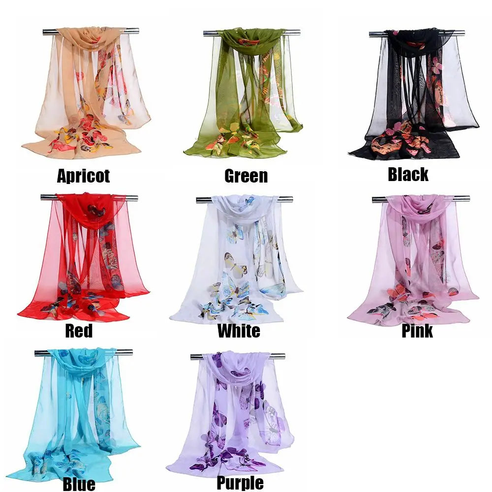 Elegant Silk Scarves Women's Butterfly Flower Print Long Chiffon Scarf Soft Wrap Lady Shawl New Trendy Fashion Accessories