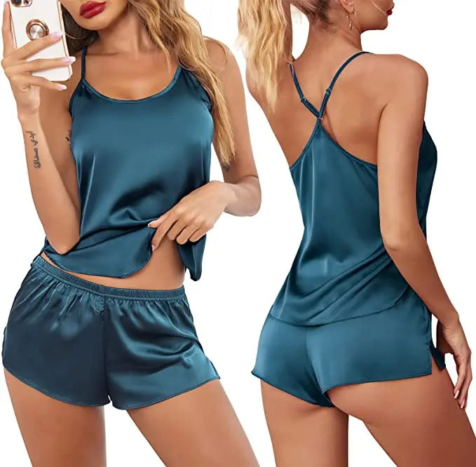 Women's Sleepwear Sexy Lace Satin Pajama Sets Nightwear Sleeveless Tops+Shorts 2 Pcs Sets Pyjama Sets For Women Pijama