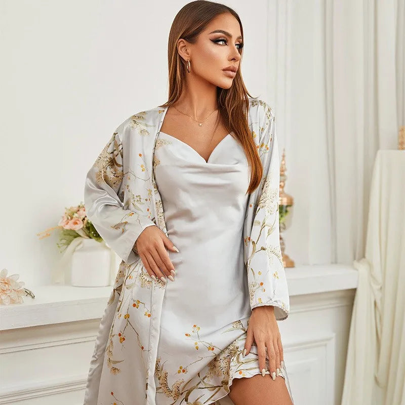 Four Pieces Pajamas Set Printed Little Cherry Sleepwear Women Satin Nightgown With Suspender Sling&Shorts Summer Home Clothes