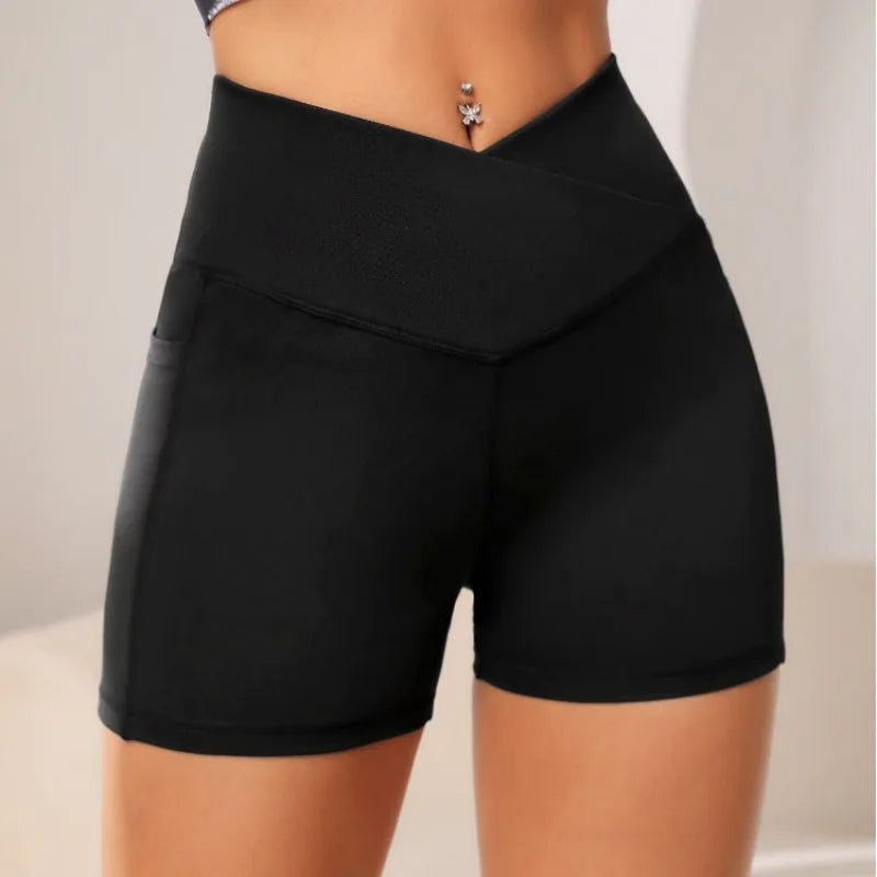 Seamless Fitness Yoga Shorts with Pocket Women Slim Shorts High Waist Hip Liftting Running Sports Elastic Three Point Pants