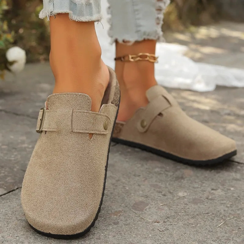 Summer New 2024 Womens Fashion Round Toe Flat Anti-slip Womens Shoes Casual Solid Color Suede Shallow Mouth Slip-on Womens Mules