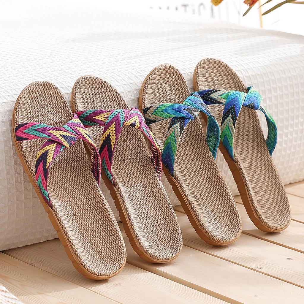 Linen Slippers Women Summer Home Floor Anti-slip Slides Couple Handmade Comfortable Slippers Men Casual Style Sweat-absorbent