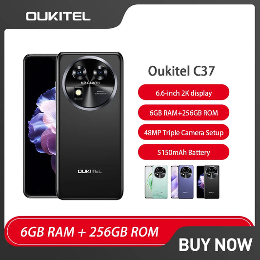 Global Version OUKITEL C37 Ultra-Thin Smartphone  Android Phone 6.6 Inch FHD+ Octa Core 6GB+256GB 5150mAh 48MP Camera Cell Phone