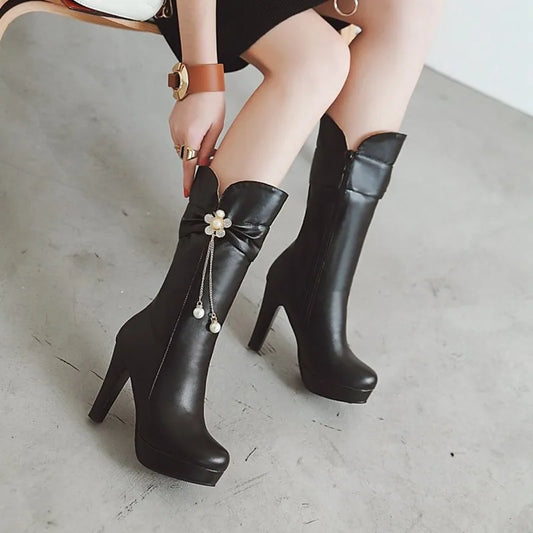 Autumn And Winter New fashion zipper Crystal Flower Thick heel High heel Middle tube Women's Boots high 10cm plus size 35-43