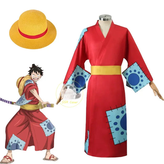 Anime Luffy Cosplay Costume Wano Country Monkey D. Luffy Cosplay Kimono for Man Adults Red Cardigan Hat Halloween Costumes