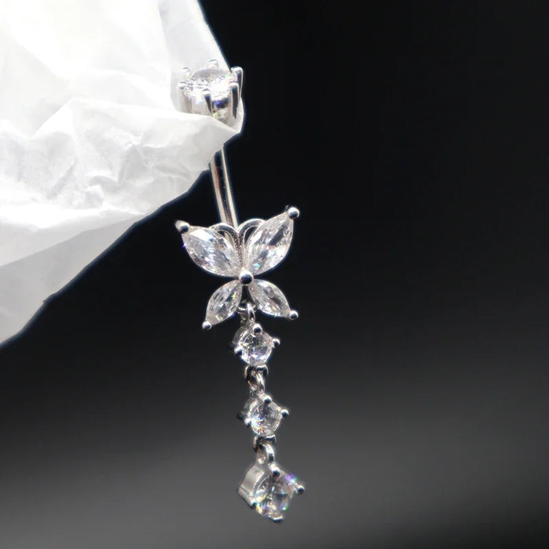 Fashion Shiny Butterfly Flower Zircon Pendant Stainless Steel Belly Button Ring Beautiful Navel Piercing Body Fashion Jewelry