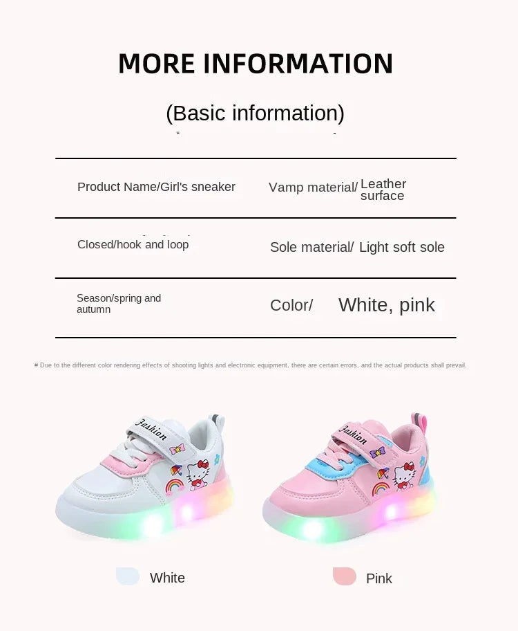 Sanrio LED Kids Shoes for Girls Cute Cartoon Hello Kitty Shoes Summer Girl Kawaii Shoes Soft Bottom Sneakers Casual Shoes