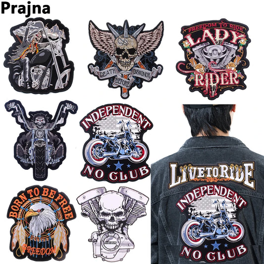 Skull Motorcycle Biker Patch Large Embroidery Patch Iron On Patches For Clothing Back Embroidered Patches On Clothes Jackets DIY