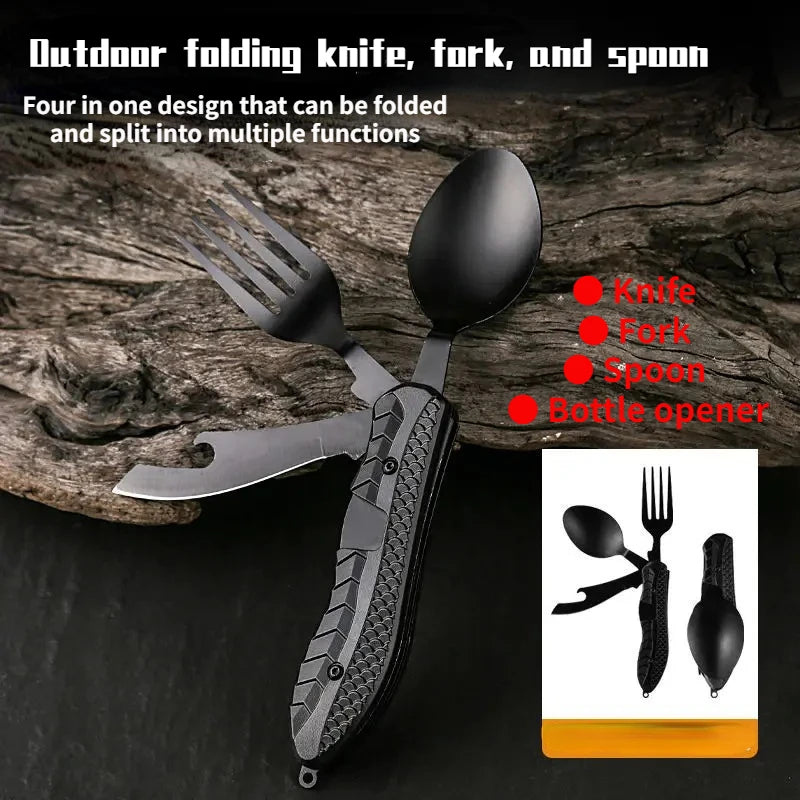 Outdoor Camping Utensils Portable Stainless Steel Foldable Spoon Fork Knife Bottle Opener Combo Set Cutlery Tableware Multitool