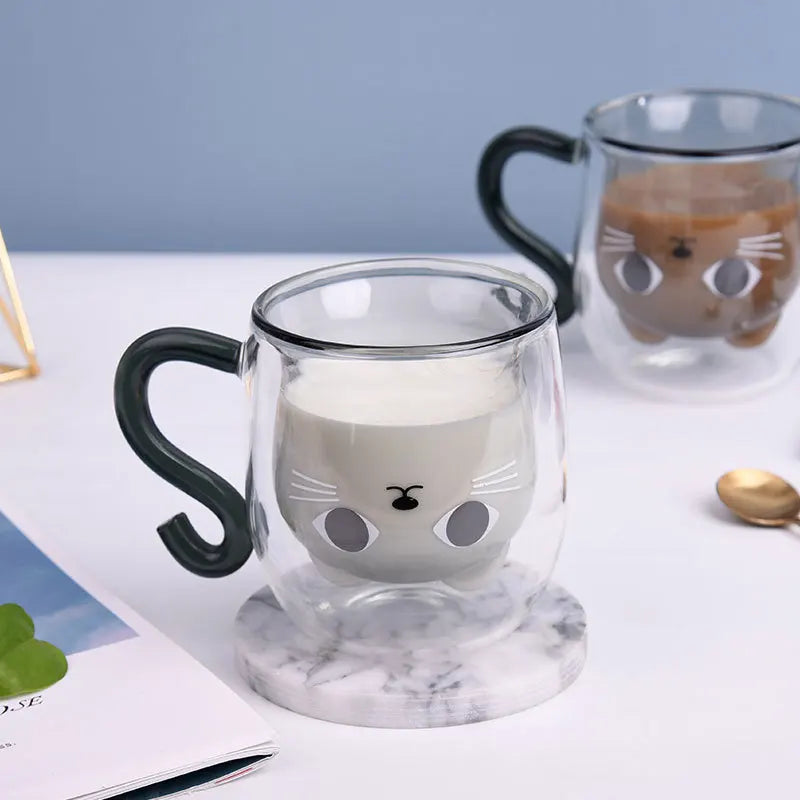 Cute Double Walled Coffee Cat Mug with Handle Kawaii Cat Presents Glass Mugs with lid Tea Cup Cute Birthday Gifts for Cat Lovers