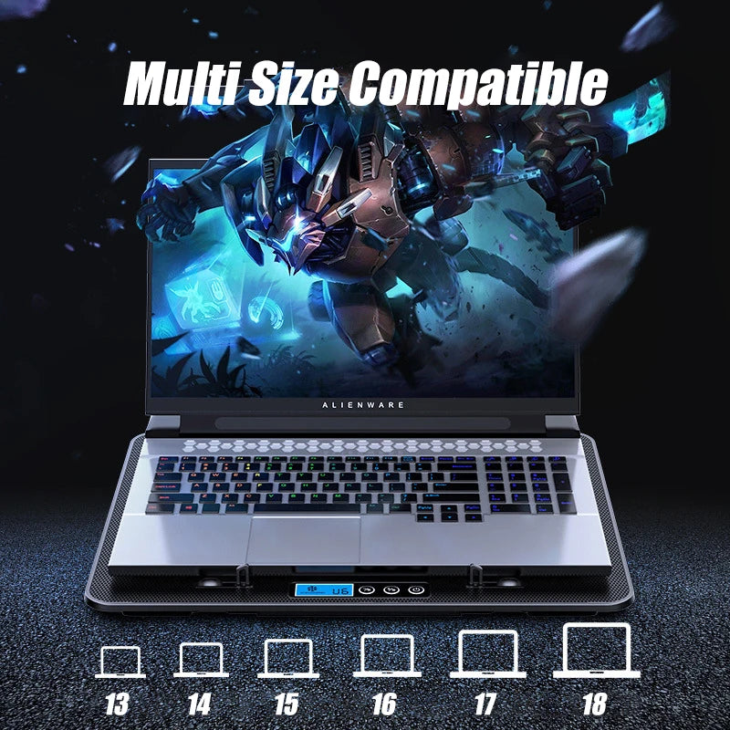 Adjustable Laptop Cooler Strong Wind Quiet Fan Cooling Pads Six Fans Gaming Style Multi Height Controllable Wind Speed Foldable